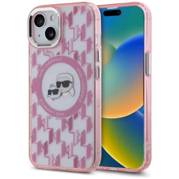 Karl Lagerfeld dėklas iPhone 15 Plus telefonui IML Monogram Karl & Choupette MagSafe, rožinis