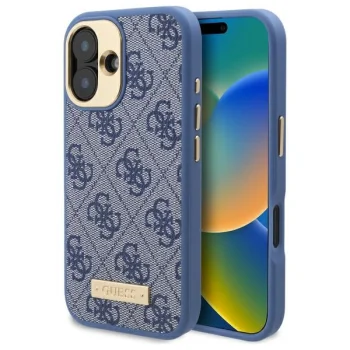 Guess iPhone 16 dėklas 4G Logo Plate MagSafe, mėlynas