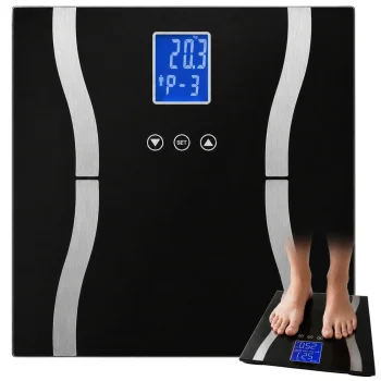 Analitinės stiklinės vonios kambario svarstyklės su LCD ekranu, iki 180 kg, juodos