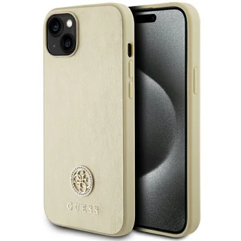 Guess dėklas iPhone 15 telefonui 4G Metal Logo Strass, auksinis