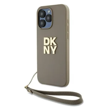 DKNY dėklas iPhone 15 Pro Max telefonui su dirželiu ant riešo, smėlio spalvos