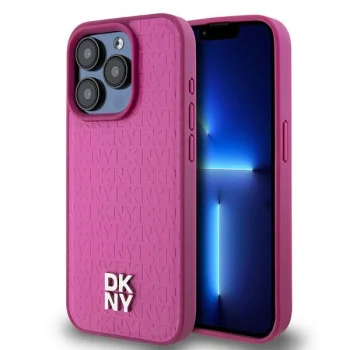 DKNY iPhone 15 Pro Case Leather Monogram Pattern Metal Logo MagSafe, Pink