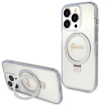 Guess Ring Stand Script Glitter MagSafe Case for iPhone 15 Pro - Transparent