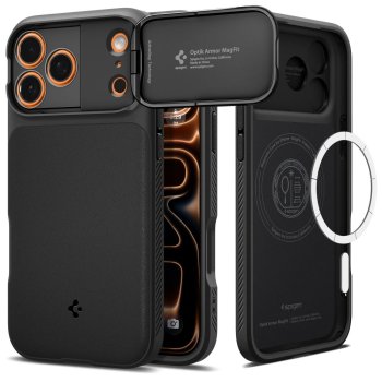 Spigen Optik Armor MagSafe dėklas iPhone 17 Pro telefonui, juodas
