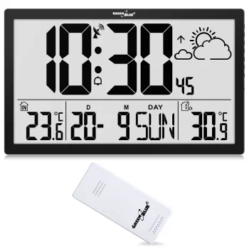 GreenBlue GB218 Large LCD Wall Clock with Thermometer
