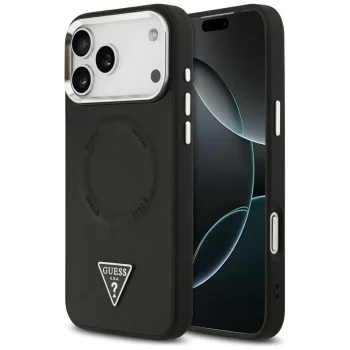 Guess dėklas iPhone 17 Pro telefonui PU Leather Triangle Logo MagSafe, juodas