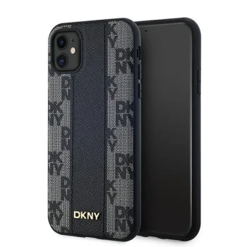 DKNY Leather Checkered Mono Pattern MagSafe dėklas iPhone 11 / XR, juodas