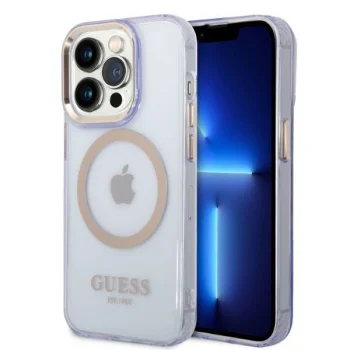 Guess Gold Outline MagSafe dėklas, skirtas iPhone 14 Pro Max, violetinis