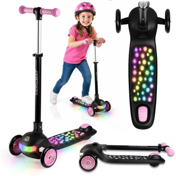 Triratis balansinis paspirtukas vaikams Ricokids Glowi su LED ratais, juodas-rožinis