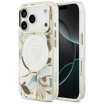 Guess IML Glitter Flowers Triangle MagSafe dėklas iPhone 17 Pro / 18 Pro, baltas
