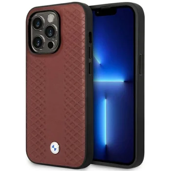 BMW Leather Diamond Pattern MagSafe dėklas iPhone 14 Pro Max, Bordo