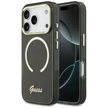 Guess IML Script Metal MagSafe dėklas iPhone 17 Pro Max telefonui, juodas