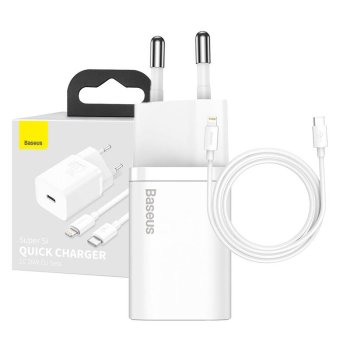 Baseus Super Si 1C 20W sieninis įkroviklis su USB-C į Lightning laidu (1m), baltas