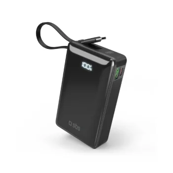 SBS išorinė baterija 20000 mAh 20W su integruotu USB-C laidu ir LCD, juoda