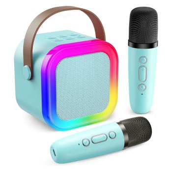 Karaoke aparatas su Bluetooth garsiakalbiu ir 2 belaidžiais mikrofonais, mėlynas
