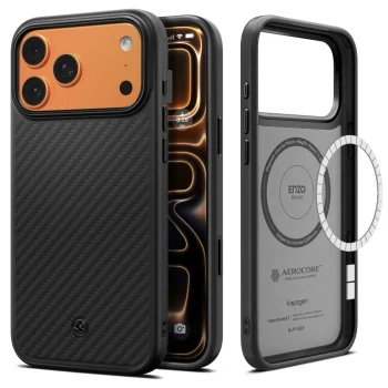 Spigen Enzo Aramid T MagSafe dėklas iPhone 17 Pro telefonui, juodas