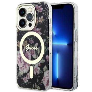 Guess dėklas iPhone 14 Pro telefonui Flower MagSafe, juodas