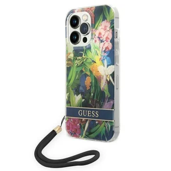 Guess dėklas iPhone 14 Pro Max telefonui su riešo juostele, mėlynas