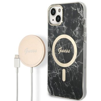 Guess Marble MagSafe Bundle for iPhone 14: Case & Wireless Charger, Black