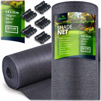 Plonos šešėliavimo tinklas 1.5x25m 140g/m² su 50 spaustukų, pilkas