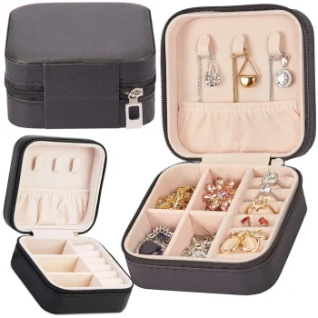 Small Travel Jewelry Box Organizer with Zipper for Rings, Black