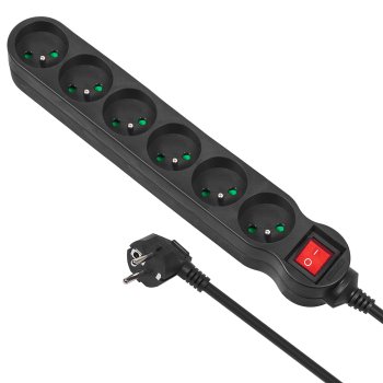 Maclean MCE188 Power Strip with Switch, 6 Outlets, 2300W, 5m, Black