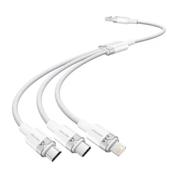 USB-A į 3in1 laidas Vention CTPWG, USB-C / Lightning / Micro-B, 1.5m, baltas