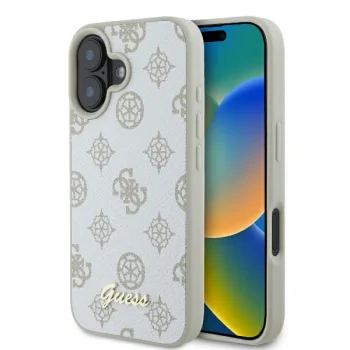 Guess Peony Script Logo MagSafe dėklas skirtas iPhone 16, baltas