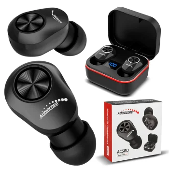 Belaidės ausinės Audiocore AC580 TWS Bluetooth 5.1 su įkrovimo dėklu, juodos