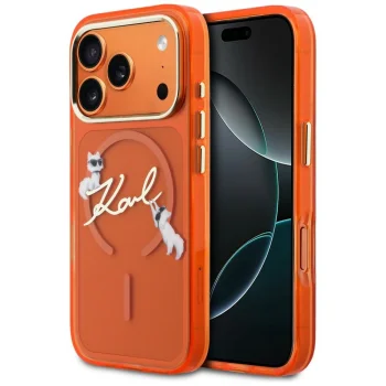 Karl Lagerfeld IML Choupettes MagSafe dėklas iPhone 17 Pro telefonui, oranžinis