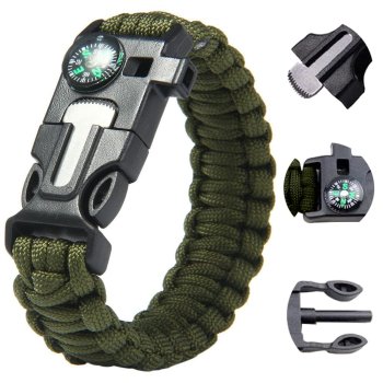 5-in-1 Survival Bracelet with Compass, Flint and Whistle, Green