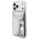 Guess Liq. Glitter 4 Charms dėklas, skirtas iPhone 17 Pro Max, sidabrinis