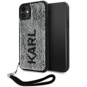 Karl Lagerfeld iPhone 11 / XR dėklas Sequins Cord, sidabrinis