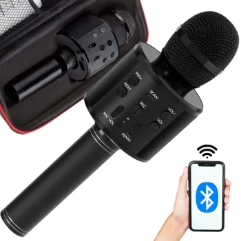 Belaidis karaoke mikrofonas su Bluetooth garsiakalbiu ir dėklu, juodas