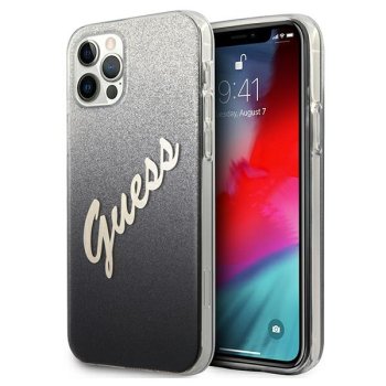 Guess Glitter Gradient Script dėklas iPhone 12 / 12 Pro, juodas
