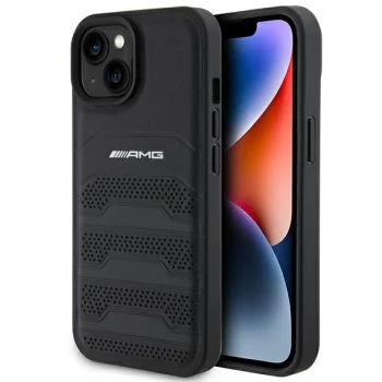 Mercedes-AMG dėklas iPhone 15 telefonui Leather Debossed Lines, juodas