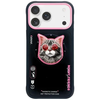 Nimmy Glasses Cool Cat MagSafe dėklas telefonui iPhone 17, juodas / rožinis