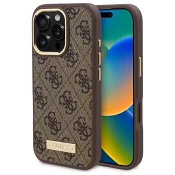 Guess dėklas iPhone 16 Pro Max su MagSafe 4G Logo Plate, rudas