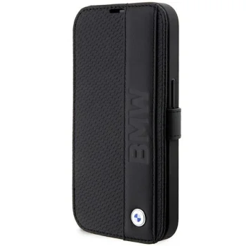 BMW Leather Textured & Stripe atverčiamas dėklas iPhone 14 Pro, juodas