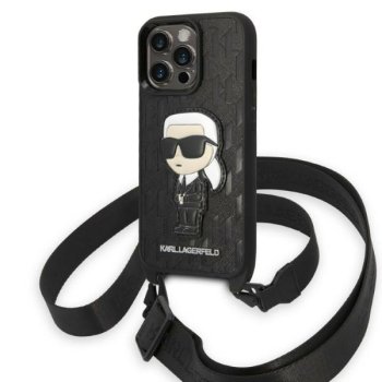 Karl Lagerfeld Monogram Ikonik Patch dėklas iPhone 14 Pro su dirželiu, juodas