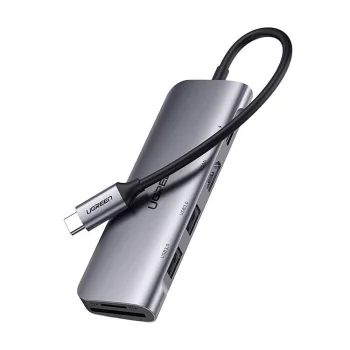 Ugreen CM195 6-in-1 USB-C šakotuvas - HDMI, 2x USB-A, PD, SD/TF, pilkas