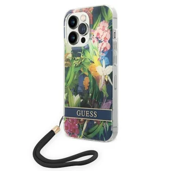 Guess Flower Strap iPhone 14 Pro Case with Wristlet, Blue