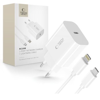 Įkroviklis Tech-Protect NC20W 20W su USB-C / Lightning laidu 100 cm, baltas
