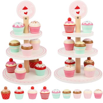 Wooden Play Set Tiered Cake Stand with Cupcakes KZ0821