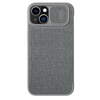 Atverčiamasis dėklas Nillkin Qin Cloth Pro Case, iPhone 14 Plus, su kameros dangteliu, pilkas