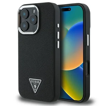 Guess Grained Triangle MagSafe dėklas iPhone 16 Pro telefonui, juodas