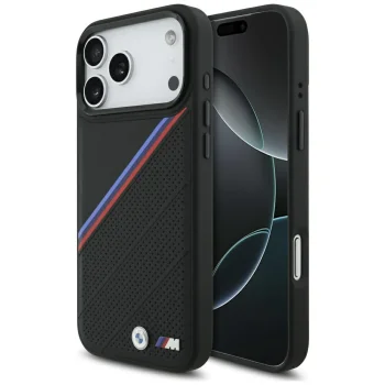 BMW dėklas iPhone 17 Pro Max telefonui M Tricolor Metal Logo MagSafe, juodas
