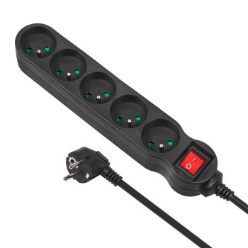 Maclean MCE183 5-Way Power Strip with Switch, 1.4m, 2300W, Black