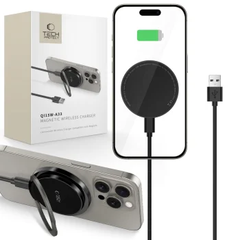 Belaidis įkroviklis Tech-Protect QI15W-A33 su MagSafe ir stovu, juodas