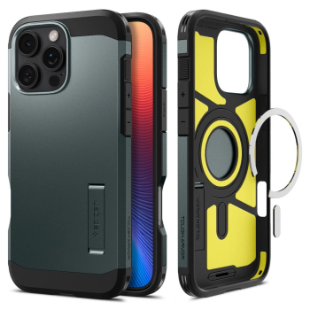 Spigen dėklas iPhone 16 Pro telefonui „Tough Armor MagSafe“ su stovu, žalias